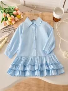 Vestido de camisa com gola plissada azul para meninas, vestido estilo escolar casual coreano para primavera - Azul - Ver 1