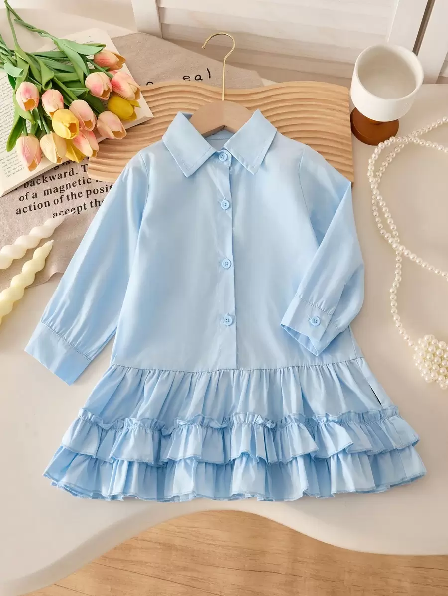 Vestido de camisa com gola plissada azul para meninas, vestido estilo escolar casual coreano para primavera - Azul - Ver 1