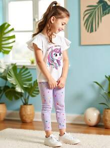 2pcs/Set Cute Unicorn Print Ruffle Sleeve T-Shirt & Colorful Polka Dot Leggings, Funny Casual Outfit For Young Girl - White - View 5