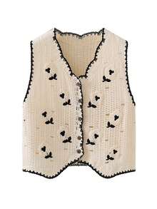 Women's Fashionable Retro Black & White Button-Up Knit Vest - Beige - View 3