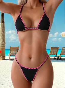 New Summer Beach Sexy Crinkle Hibiscus Red Flower Bud Thong Micro Triangle Bikini Set - Black - View 4