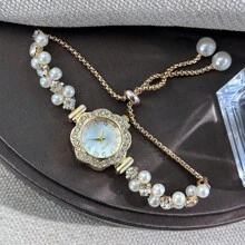 1pc Women's Fashion Quartz Watch With Double Pearl String, Rhinestone Inlaid Pull Ring, Metal Alloy Case, Arabic Numeral Dial, Elegant & Stylish For Ladies/Students - Gold - View 8