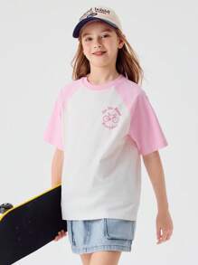 Balabala Girls' Quick-Dry Cotton T-Shirt, Soft & Breathable - White and Red - View 2