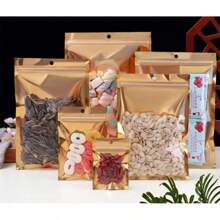 100 个金色单面透明塑料拉链袋可重复使用,用于零食、咖啡、坚果、糖果、香料、干果、卡片、水晶等食品包装袋,带挂孔,可密封,适用于节日、庆典、生日、婚礼、派对、礼品包装 - 金色 - 查看 5