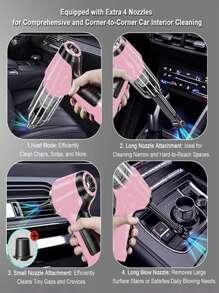 Pink Car Vacuum Cleaner, Super Suction, Super Power, Wet & Dry Cleaning, Desktop Hygiene, Pet Hair, Kitchen Powder, Portable, Mini Handheld