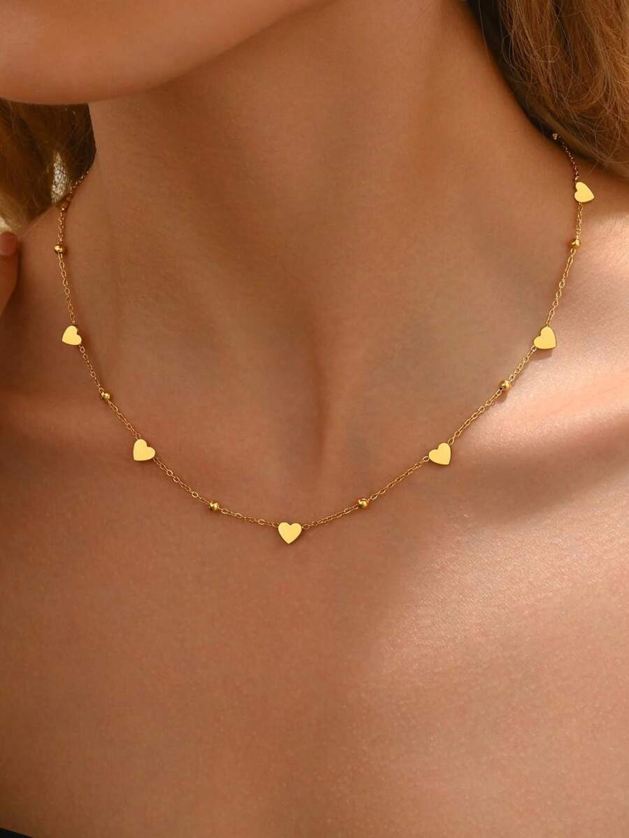 LIEBEIRIS 1pc 18K Gold Plated Stainless Steel Heart Charm Necklace, Suitable For Women's Daily Wear And Gift - Yellow Gold - View 1