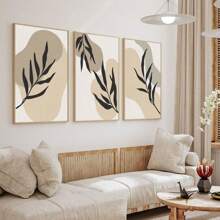 3件套波西米亚风米色墙饰，中世纪现代艺术版画，极简植物墙面装饰，现代墙面装饰，适用于客厅和无框家居，无框 - 彩色 - 查看 3