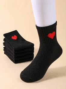 10 pares de calcetines de tobillo con bordado de corazón para niños - Calcetines casuales del Día de San Valentín para niños y niñas, negro y talla grande