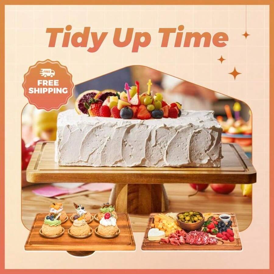 Acacia Wood Cake Stand 2in1 With Plastic Lid&Bowl-Square Cake Display Stand For Dessert/Fruit/Cheese/Chips/Veggie -Organiser, Racks Bakeware Utensils - Default - View 1