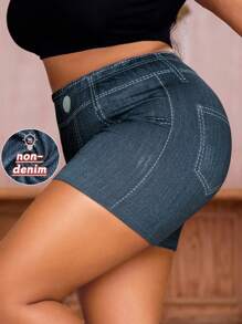 Plus Size Women Elastic Fitted Printed Shorts, With Denim Effect All-Over Pattern, Fashionable Casual Comfortable Washable Outdoor Sports Shorts For Summer - Navy Blue - View 1