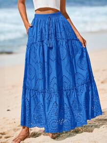 Women's Casual Lace Embroidery Eyelet Elastic High Waist Tiered A-Line Flowy Long Skirt Summer Boho Bohemian Beach Spring Holiday Vacation Going Out Valentine Long Maxi Skirt Outfits - 藍色 - 查看 1