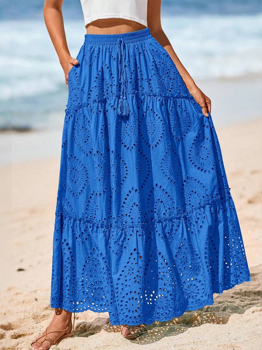 Women's Casual Lace Embroidery Eyelet Elastic High Waist Tiered A-Line Flowy Long Skirt Summer Boho Bohemian Beach Spring Holiday Vacation Going Out Valentine Long Maxi Skirt Outfits - 藍色 - 查看 1
