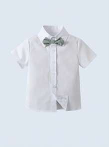 BOARNSEORL 2pcs Young Boys Gentleman Outfit, White Shirt With Bowknot And Light Green Suspender Shorts, Fashionable And Stylish For Birthday Party, Wedding, Pageboy, Daily Wear, Summer - Green - View 6