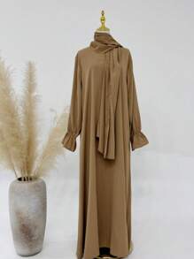 1 件穆斯林女性长袍带头巾，花袖设计，褶皱面料，宽松舒适，适合穆斯林女性日常穿着、祈祷、迪拜时尚、端庄