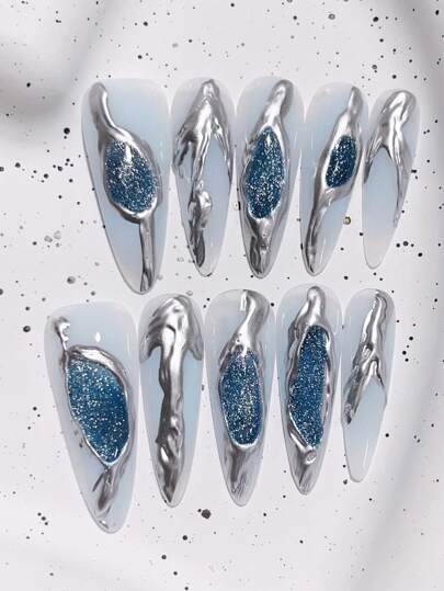 10 Stücke lange mandelförmige Nägel, europäischer und amerikanischer Hot-Girl-Stil handgefertigte Nail-Art, Ozean-Metall-Katzenauge-Metall-Flüssig-Kunstnägel, Y2K Hot-Girl-Metall-Stil blauer Katzenauge-Kristall-Glitzer-Nail-Art, geeignet für Cos-Party, Tanzparty, Festival, Aufklebe-Nägel, Nagelbedarf