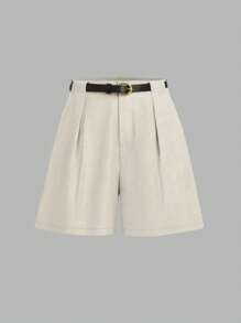 夏季纯色休闲通勤短裤（配腰带） - 杏色 - 查看 1