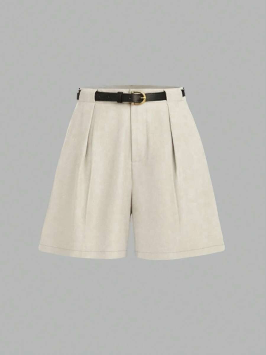 夏季纯色休闲通勤短裤（配腰带） - 杏色 - 查看 1