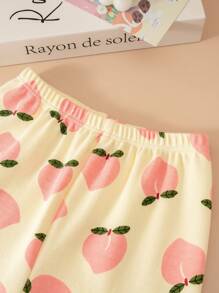 Set de 2 piezas de pijama para niñas de 18M-6A, con parte superior de manga larga y pantalones con estampado de melocotón, adecuado para estar en casa y uso casual, primavera/otoño - Amarillo - Ver 8