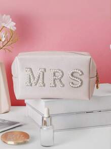 1pc,New Portable Faux Pearl Alphabet Cosmetic Bag, Fashion, Highly Attractive, Makeup Storage Bag, Pu Material, Waterproof, Breathable, Antibacterial, Good Gift. Travel Storage Organizer