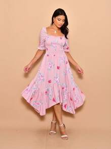 Helena Midi Dress With Printed Crepe Lastex Stitching And Short Sleeves - 乾枯玫瑰色 - 查看 1