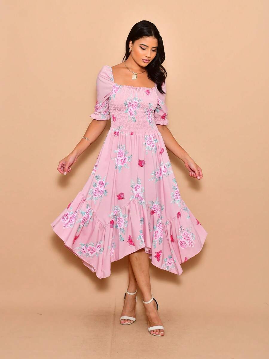 Helena Midi Dress With Printed Crepe Lastex Stitching And Short Sleeves - 乾枯玫瑰色 - 查看 1