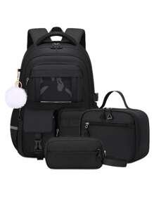 3pcs/Set Teen Girl's Backpack - Middle School Student Bag With Lunch Box Pocket & Pencil Case, 15.6-Inch School Laptop Backpack, Casual Simple Multi-Pocket Design With Plush Ball Pendant, Back-To-School Essential For School & Travel