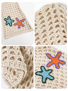 女士春夏休闲时尚度假海滩风格海星刺绣设计超短长袖针织毛衣套头衫镂空半透明上衣 - 杏色 - 查看 3