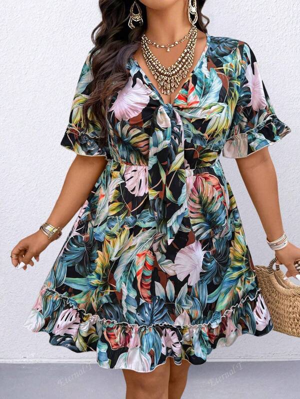 Plus Size V-Neck Waisted Floral Print Dress, Fashionable And Slimming