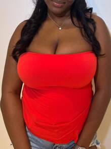 Women Plus Size Solid Color Asymmetric Hem Bodycon Tube Top - Red - View 4