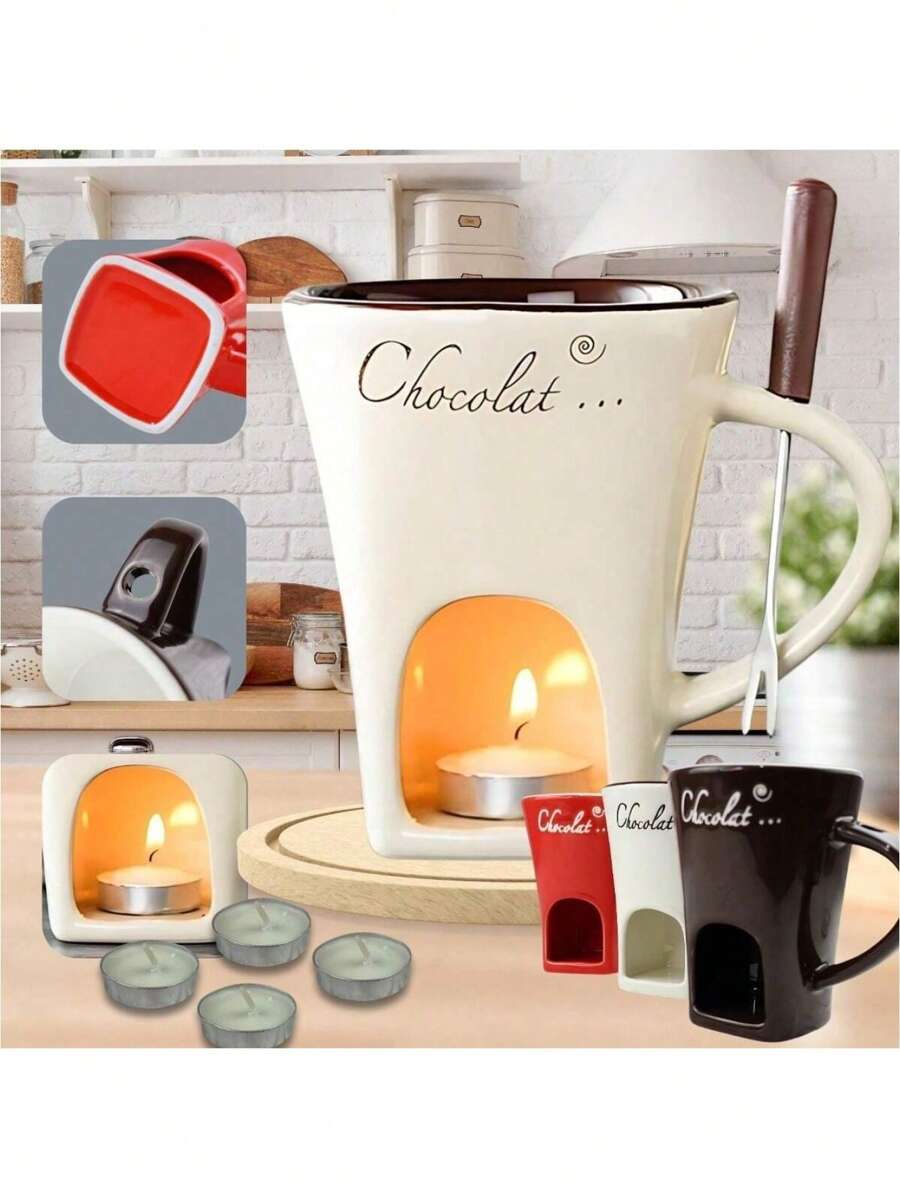 Fondue Set Kit Individual Mug Ceramic Non-Stick Chocolate Cheese Romantic Couple With Candles - Multicolor - View 1