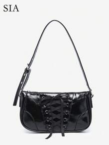 1 件女式复古 Y2K 芭蕾风格油蜡仿皮系带蝴蝶结装饰单肩腋下法棍包，适合外出、约会、派对