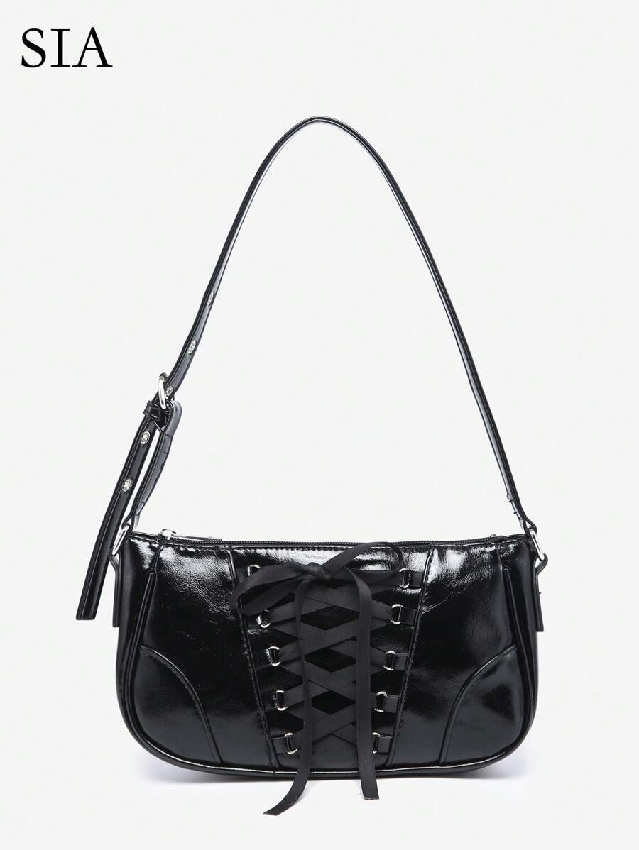 1 件女式复古 Y2K 芭蕾风格油蜡仿皮系带蝴蝶结装饰单肩腋下法棍包，适合外出、约会、派对