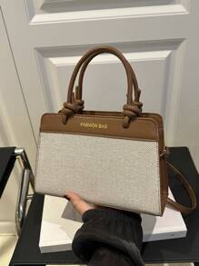1pc Brown Color Block Pu Leather Women's Handbag, Fashionable Minimalist Square Tote