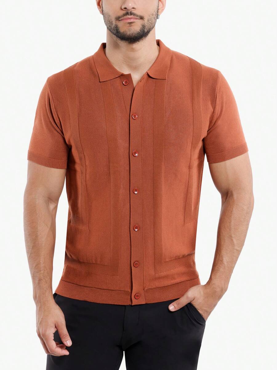 Men's Textured Short Sleeve Polo Sweater - Brick - View 1