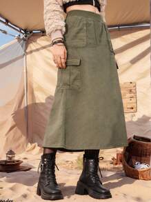 1 Pc Teen Girl Fashion High Street Personalized Design Retro Pocket Cargo Skirt
