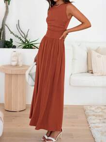 Women Sleeveless Maxi Dresses Crew Neck High Waisted Patchwork Ruched Tank Summer Dress With Pockets Beach Holiday Vacation Valentine
