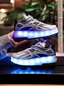 USB Rechargeable LED Light Up Sneakers With 7 Colors, Breathable Mesh Athletic Shoes For Kids, Boys, Girls Toddler To Big Kids, Spring/Summer Outdoor, Running, Casual, Roller Skating - Black - View 4