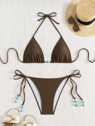 Nuevo bikini de verano de 2 piezas para mujer con Bottom marrón con tiras de sujeción a los lados y parte superior azul con cuentas en los extremos.