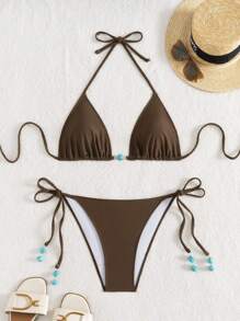 Nuovo costume da bagno estivo da donna, con parte inferiore a spaghetti con fiocchi sul retro in marrone e parte superiore blu a due pezzi con pendenti di perline laterali