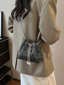 1pc Nylon Plain Drawstring Bucket Bag With Chain Strap, Fashion Pearl Shoulder Handbag For Women - Multicolor - View 2