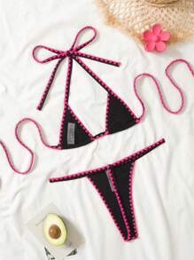 New Summer Beach Sexy Crinkle Hibiscus Red Flower Bud Thong Micro Triangle Bikini Set - Black - View 2