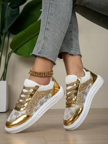 Novo Estilo Metálico Brilhante de Sapatos, Calçado Feminino Casual Atlético, Tênis Respiráveis de Laço, Mocassins Planos Versáteis e Confortáveis com Glitter Dourado no Cabedal
