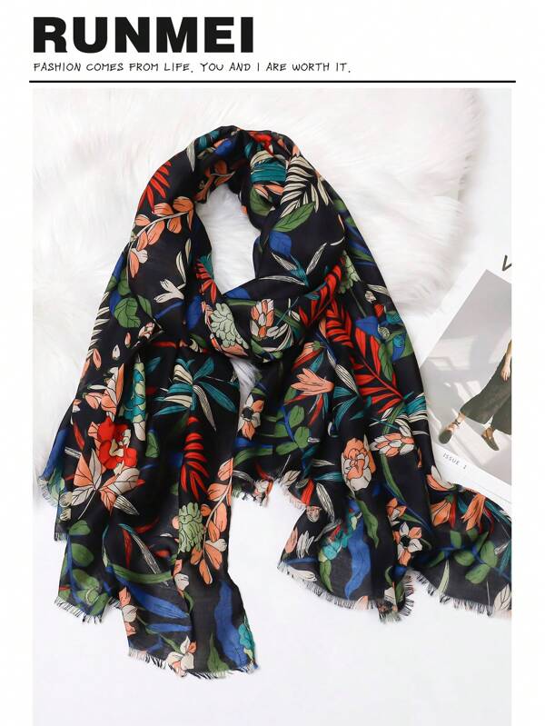 1pc Floral Print Scarf Vintage Plain Leaves Breathable Shawl Women Outdoor Windproof Gauze Head Wrap Thin Travel Beach Towel Elegant Accessories Women Beach Shawl