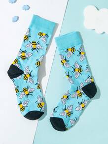 1 双男士创意趣味动物图案袜子，舒适透气中筒袜，女士及膝袜，趣味新奇袜子礼物 - 彩色 - 查看 1