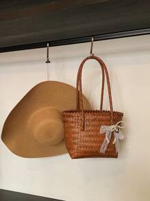 Set de 2 piezas (Bolso + Sombrero) Nuevo bolso de hombro de paja con lazo decorativo y sombrero a juego, apto para uso diario, vacaciones, viajes, playa y compras de las mujeres