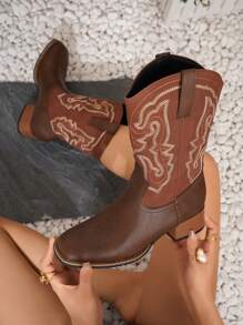 Women's Western Style Pointed Toe Embroidered Chunky Heel Cowboy Boots - Brown - View 7