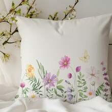 Juego de 4 fundas de almohada con estampado de flores silvestres, plantas verdes silvestres y mariposas voladoras con flores coloridas en un borde horizontal acuarelado de verano y primavera. Decoración perfecta para tu sofá, hogar, habitación, oficina, sala de estar y embellecimiento del sofá (sin relleno de almohada) con impresión unilateral.