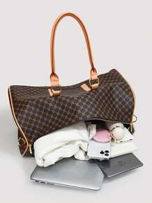 Large Capacity Printed Luggage Bag, Fashionable Travel Storage Bag, Multifunctional Hand-Held Shoulder Bag, Outdoor Leisure, Travel Fitness Bag, Camping And Cruising Essential, Hiking, Summer Back To School Holiday Essentials Holiday Travel Essentials Travel Bag Travel Accessories - Brown - View 7