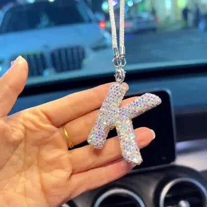 1 件装汽车后视镜带水晶闪亮字母吊坠、闪亮水钻吊坠、幸运反光装饰 - 坚固的金属材质