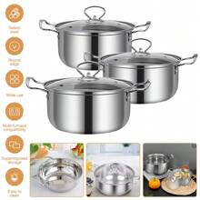 6 Pcs Stainless Steel Saucepan Essential Cookware Set With Glass Lids & Sturdy Handles Pot Cooking Sauce Pan - Silver - View 3